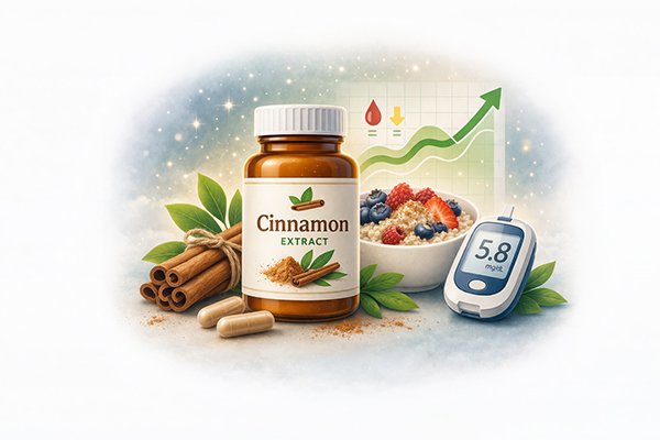 Cinnamon supplement bottle with cinnamon sticks, a glucose meter, and a bowl of healthy breakfast, illustrating blood sugar support.