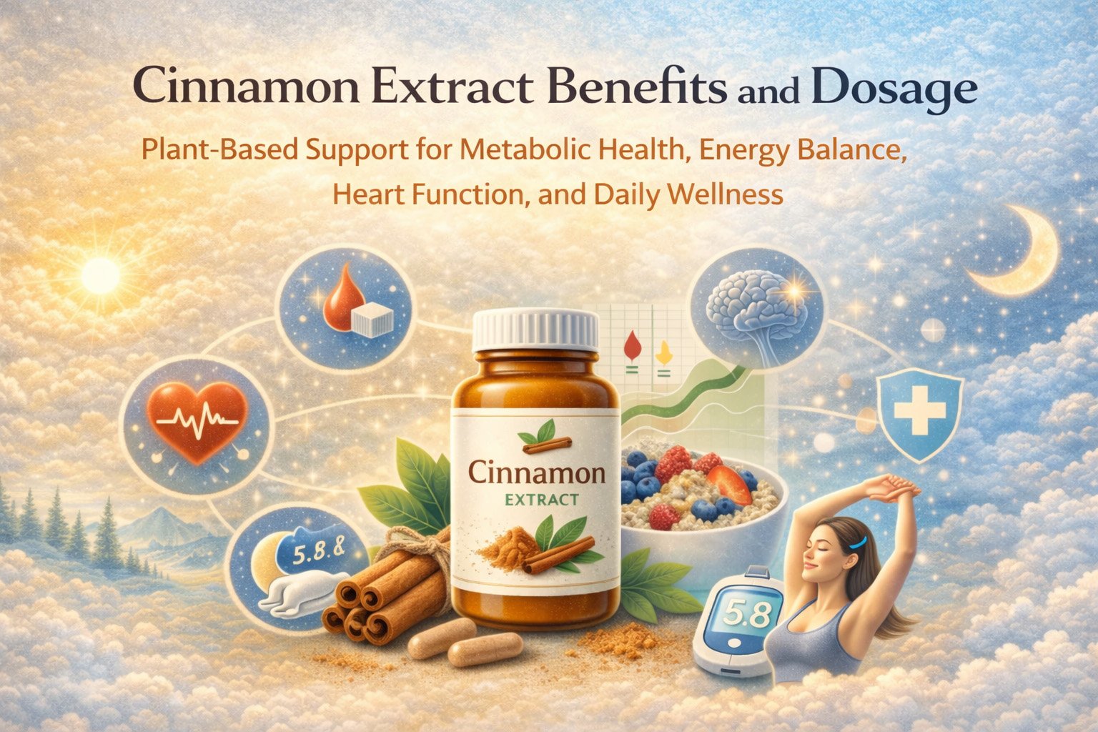 Cinnamon extract supplement supporting blood sugar balance, metabolic health, energy production, and overall wellness