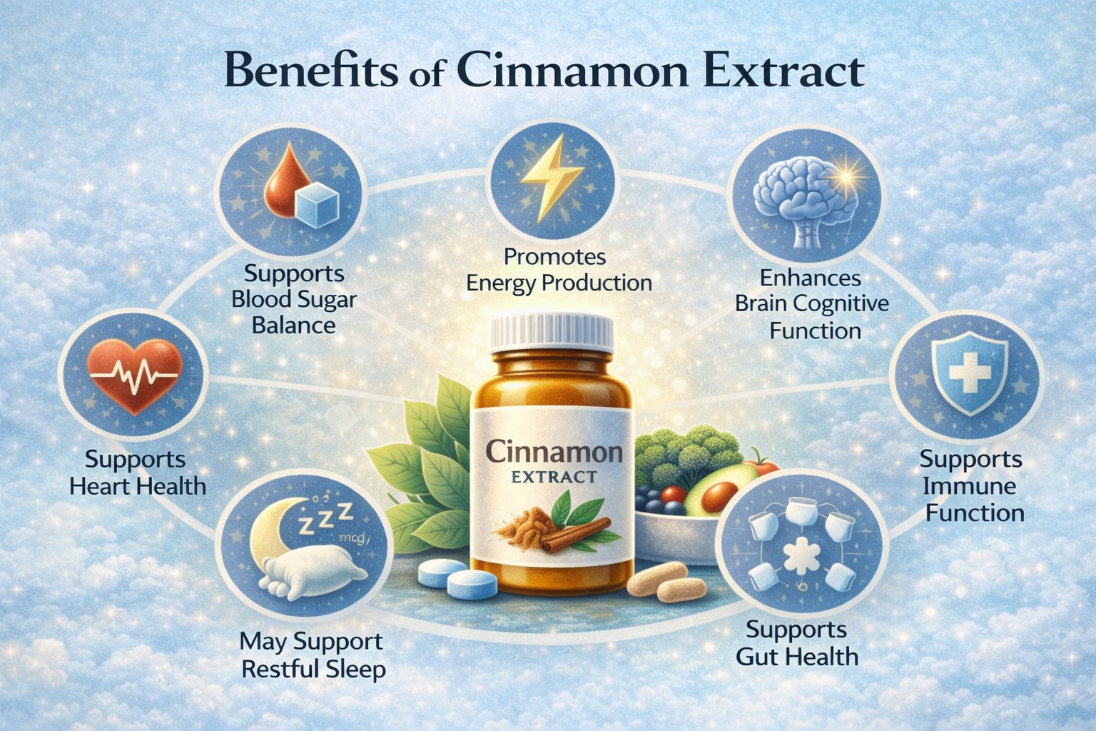 Cinnamon extract supplement benefits supporting blood sugar balance, energy production, heart health, and metabolic wellness