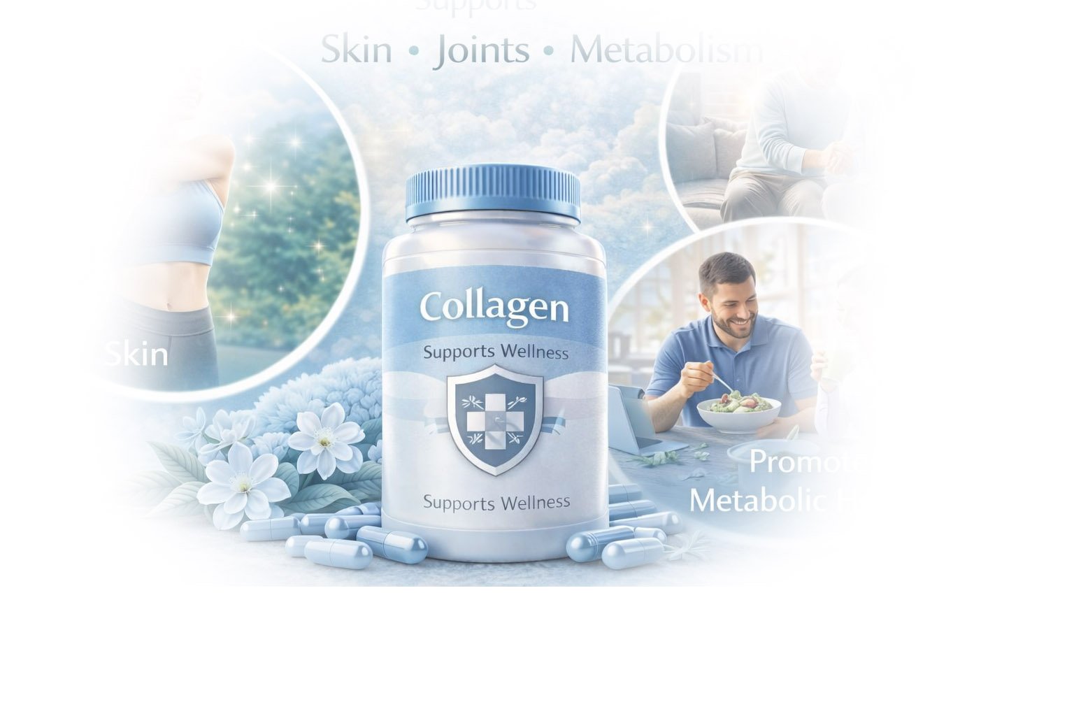 Collagen supplement illustration showing skin, joints, and connective tissue support for healthy aging and structural strength