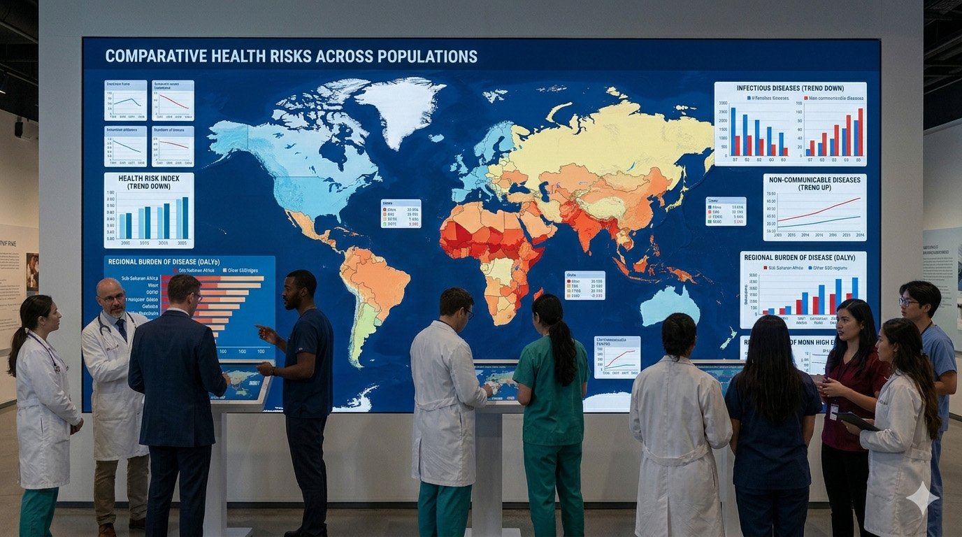 Experts analyzing global health risk map showing differences in disease risk across populations