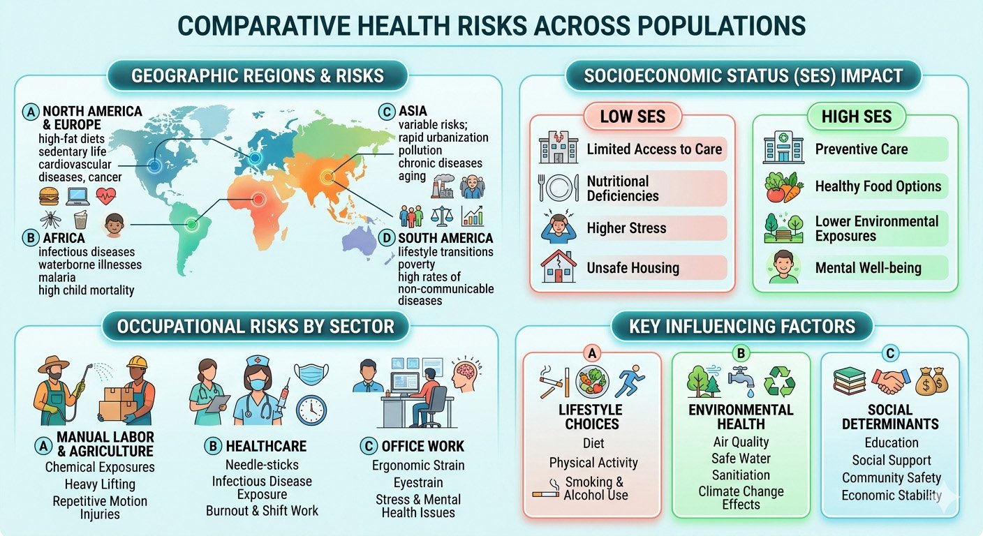 Comparative health risks infographic showing major risk factors across global populations