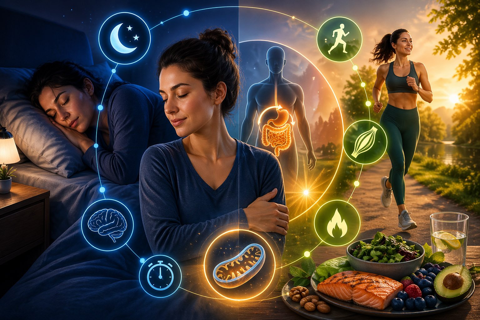 Connection between sleep and metabolism illustration showing a woman sleeping at night and exercising during the day with symbols of energy, digestion, and metabolic balance