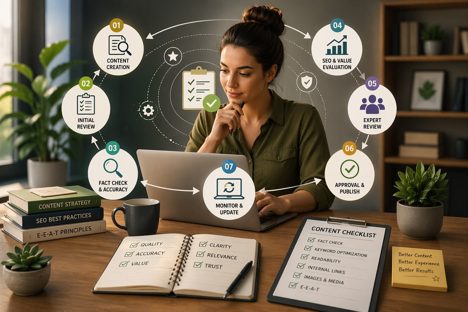 Content review process illustration showing a professional reviewing articles on a laptop with steps like fact checking, expert review, SEO evaluation, and content updates