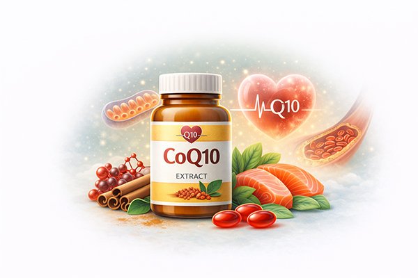 CoQ10 supplement bottle with heart health symbols, salmon, and nuts, representing cardiovascular support and cellular energy.
