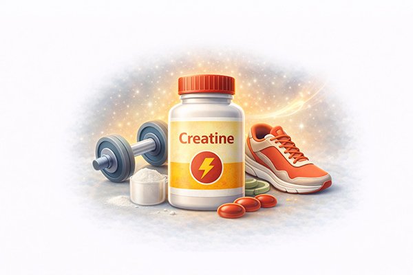 Creatine supplement bottle with dumbbells, running shoes, and energy icons, representing athletic performance and muscle support.