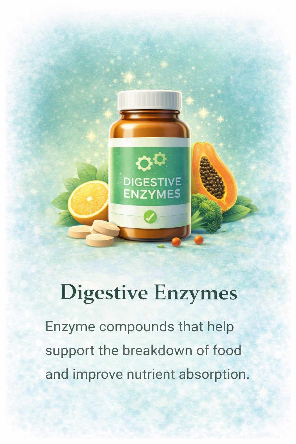 Digestive enzymes supplement supporting food breakdown, nutrient absorption and digestive health