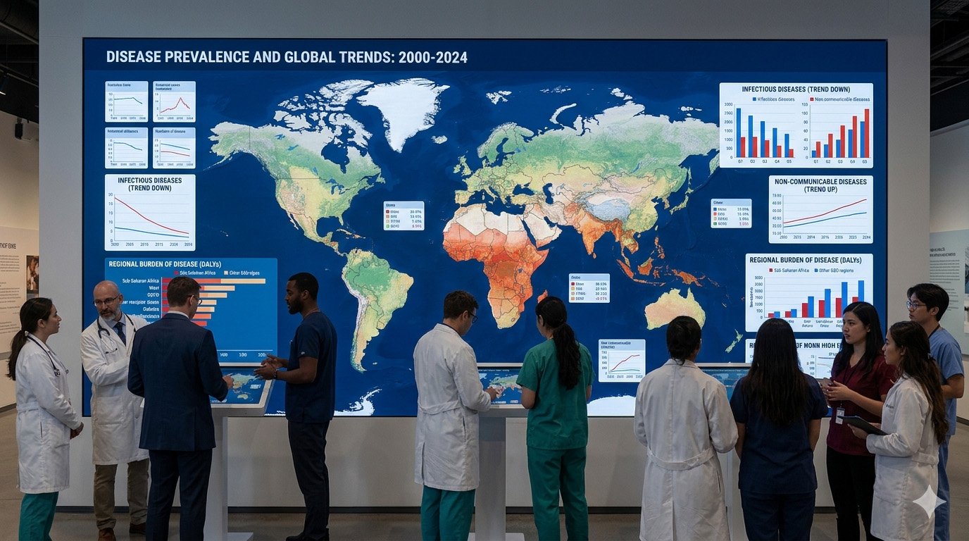 People analyzing global disease prevalence map showing health trends across countries