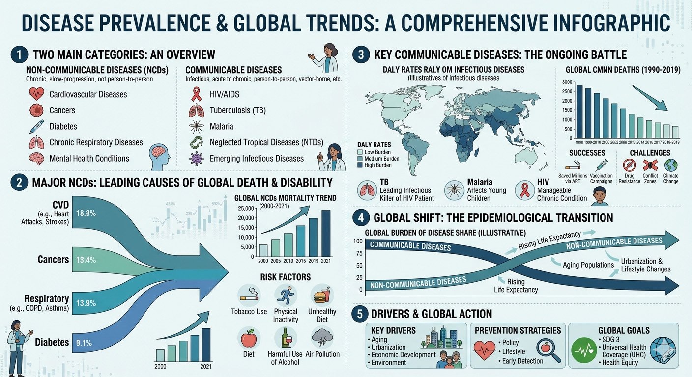 Global disease prevalence infographic showing trends in chronic and infectious diseases worldwide