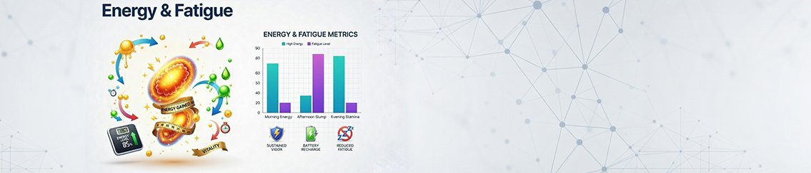 Chart illustrating causes of fatigue and energy levels including sleep, nutrition, hormones, and stress factors