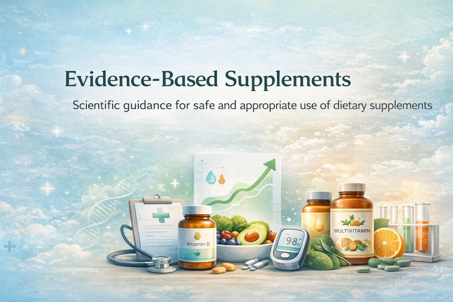 Evidence-based supplements used as part of a healthy lifestyle including nutrition, monitoring, and professional guidance