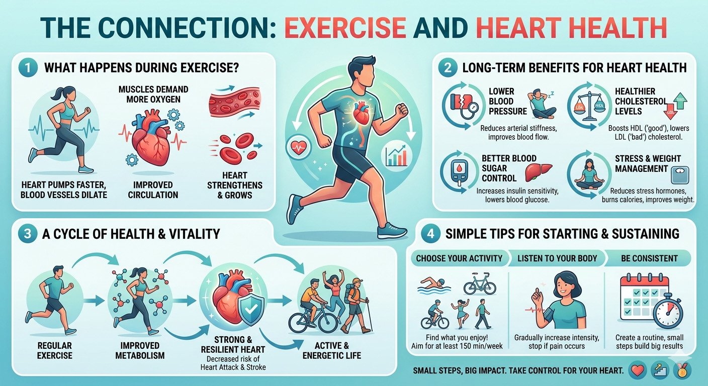 Exercise and heart health connection infographic showing how physical activity improves cardiovascular health, circulation, blood pressure, and heart function