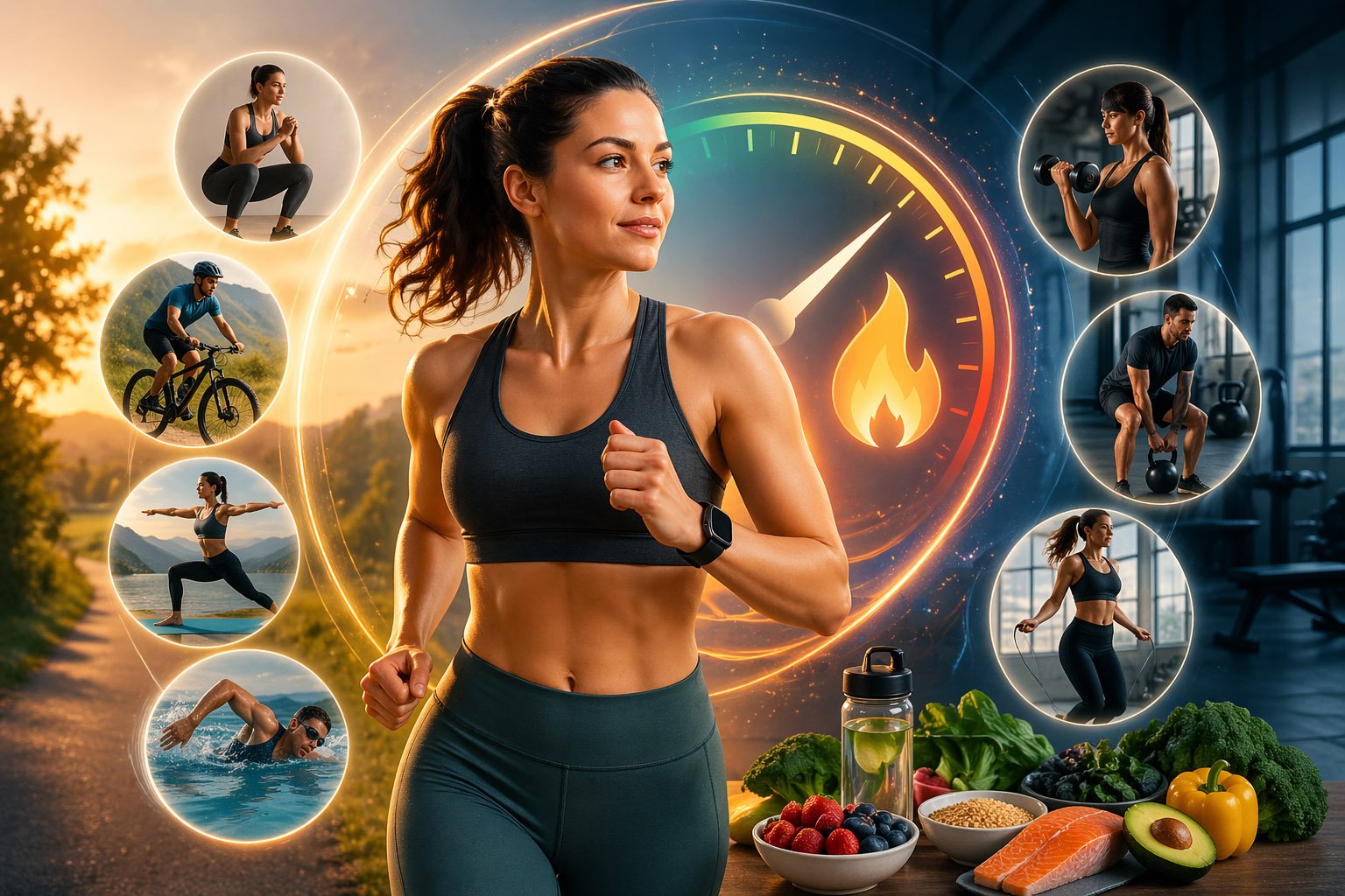 Exercise and metabolic rate illustration showing a woman running with different types of workouts and healthy foods supporting metabolism and energy balance