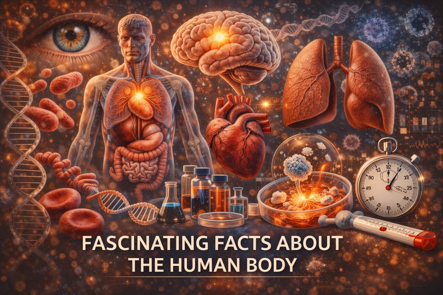 Detailed illustration of the human body showing organs, DNA, cells, and biological systems representing fascinating facts about human physiology