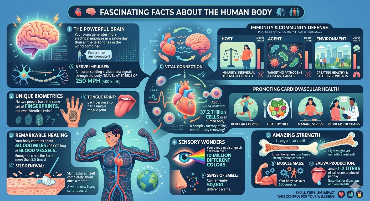Infographic showing fascinating facts about the human body including organs, body systems, and biological functions