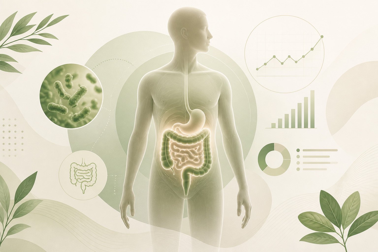 Gut health and metabolism illustration showing digestive system and microbiome balance