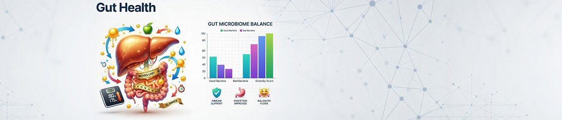 Gut health illustration showing the digestive system, gut microbiome balance, and intestinal function