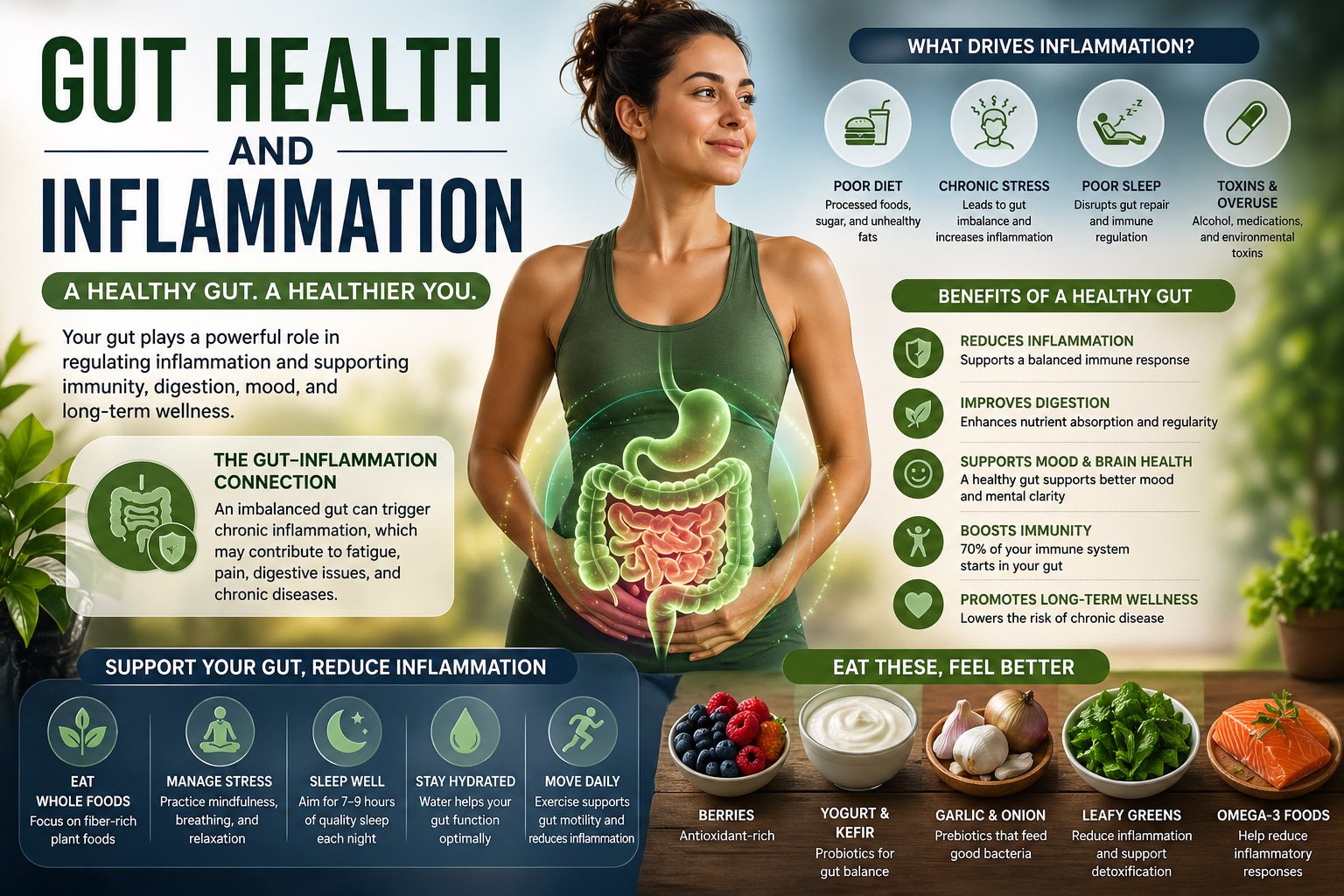 Gut health and inflammation illustration showing digestive system, healthy foods, and lifestyle habits that support gut balance and reduce inflammation
