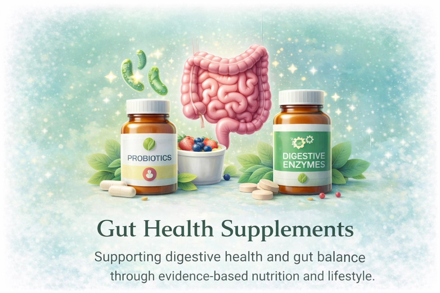 Gut health supplements including probiotics, prebiotics and digestive enzymes supporting digestion and microbiome balance