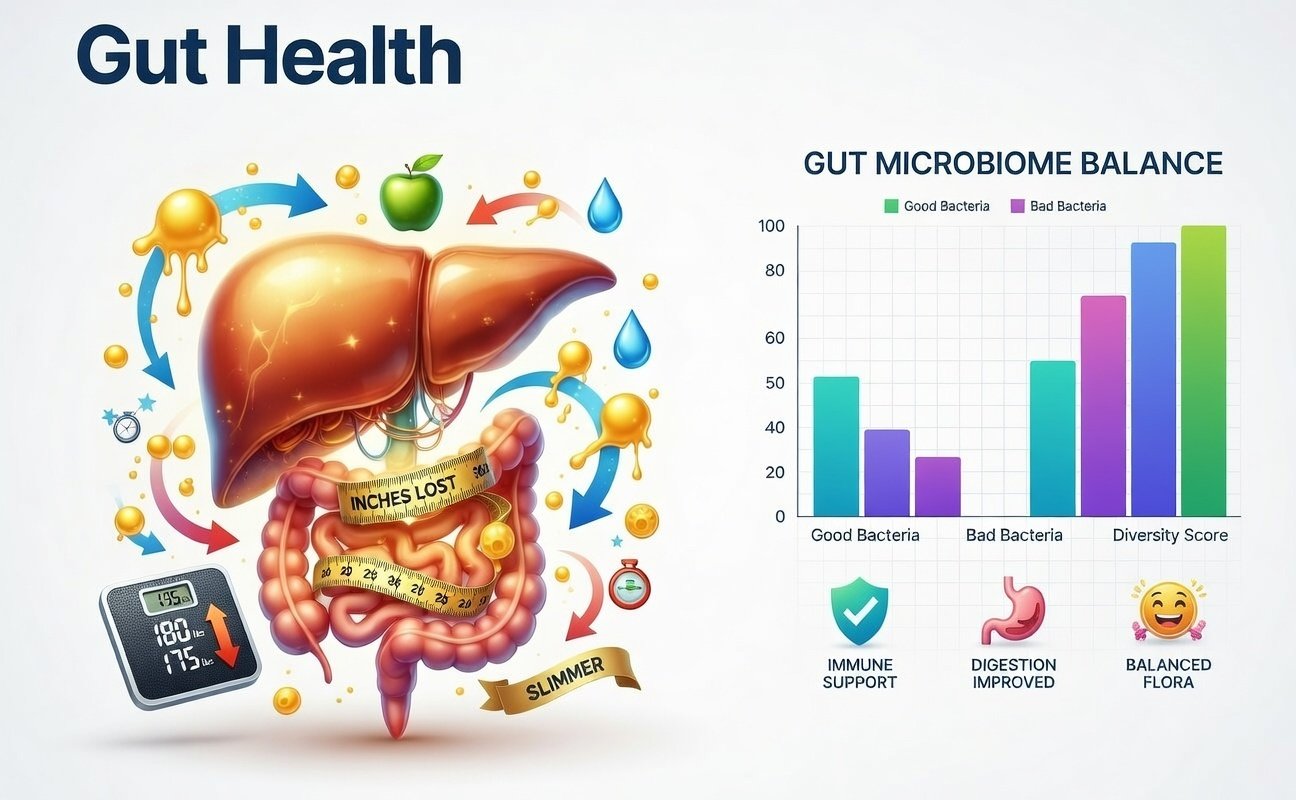 Gut health illustration showing the digestive system, gut microbiome balance, and intestinal function