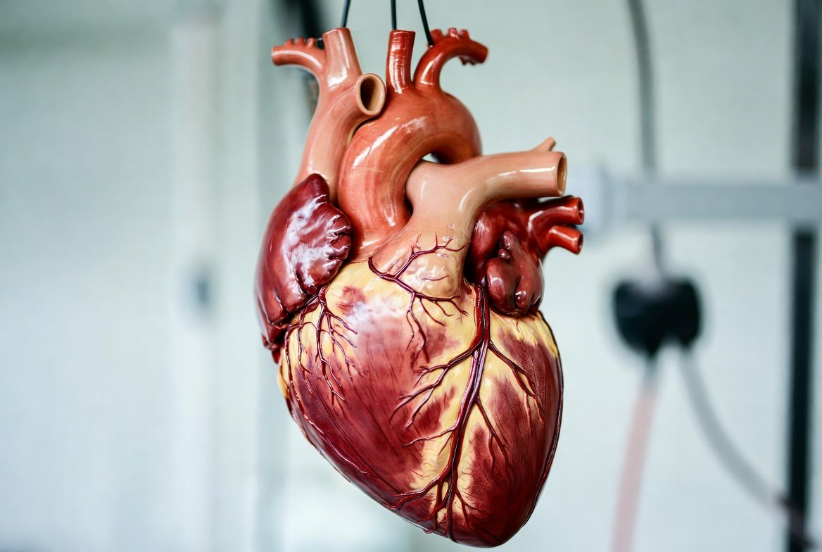 Human heart anatomical model showing cardiovascular structure used to illustrate heart health and circulation