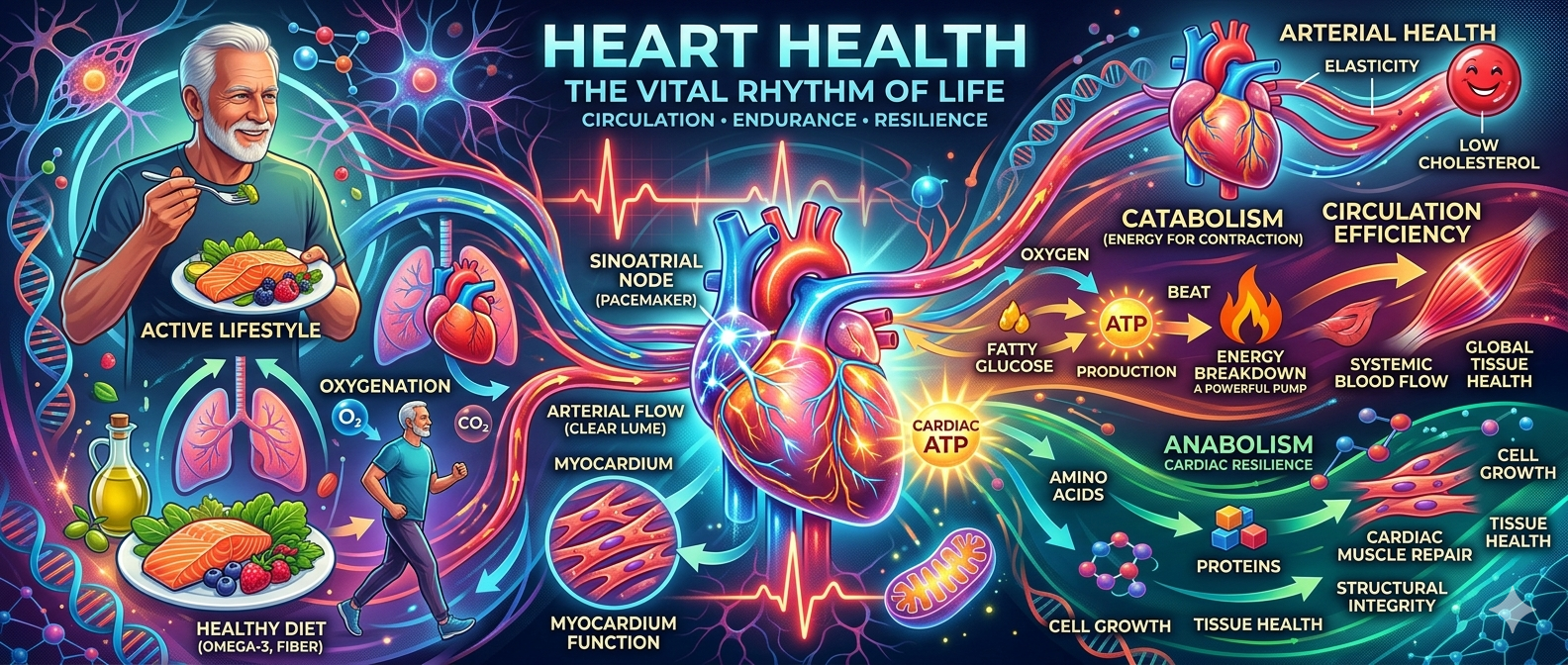 Heart health concept illustration showing cardiovascular system, blood flow and healthy lifestyle habits for a strong heart
