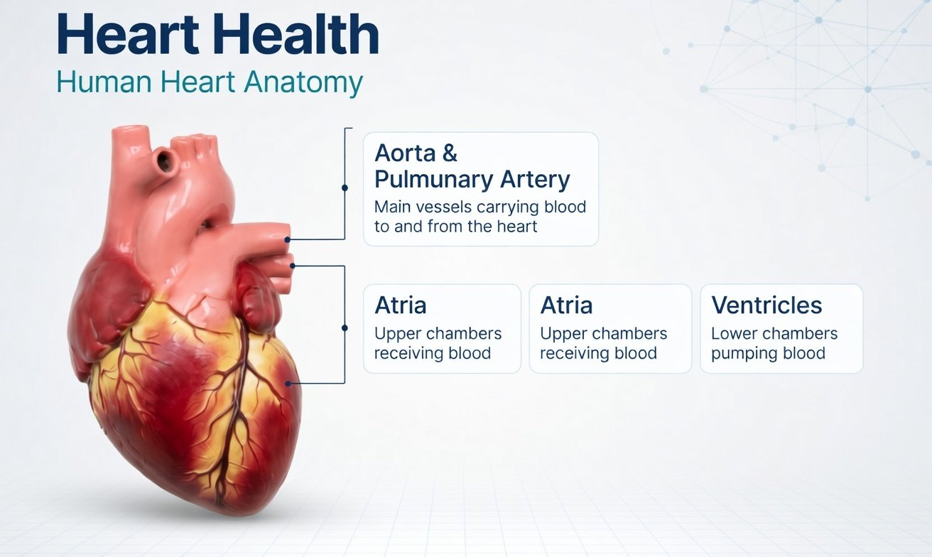 Human heart anatomy diagram illustrating cardiovascular health topics and heart disease prevention