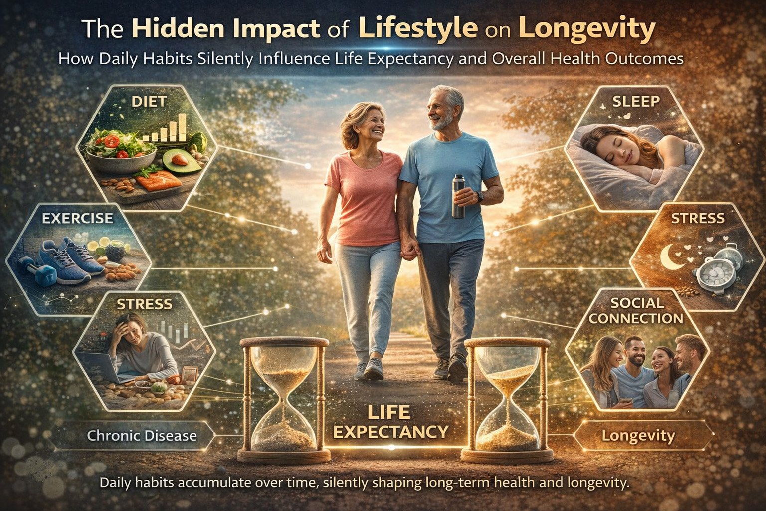 Lifestyle and longevity illustration showing how daily habits like diet, sleep, exercise, and stress management influence life expectancy and long-term health