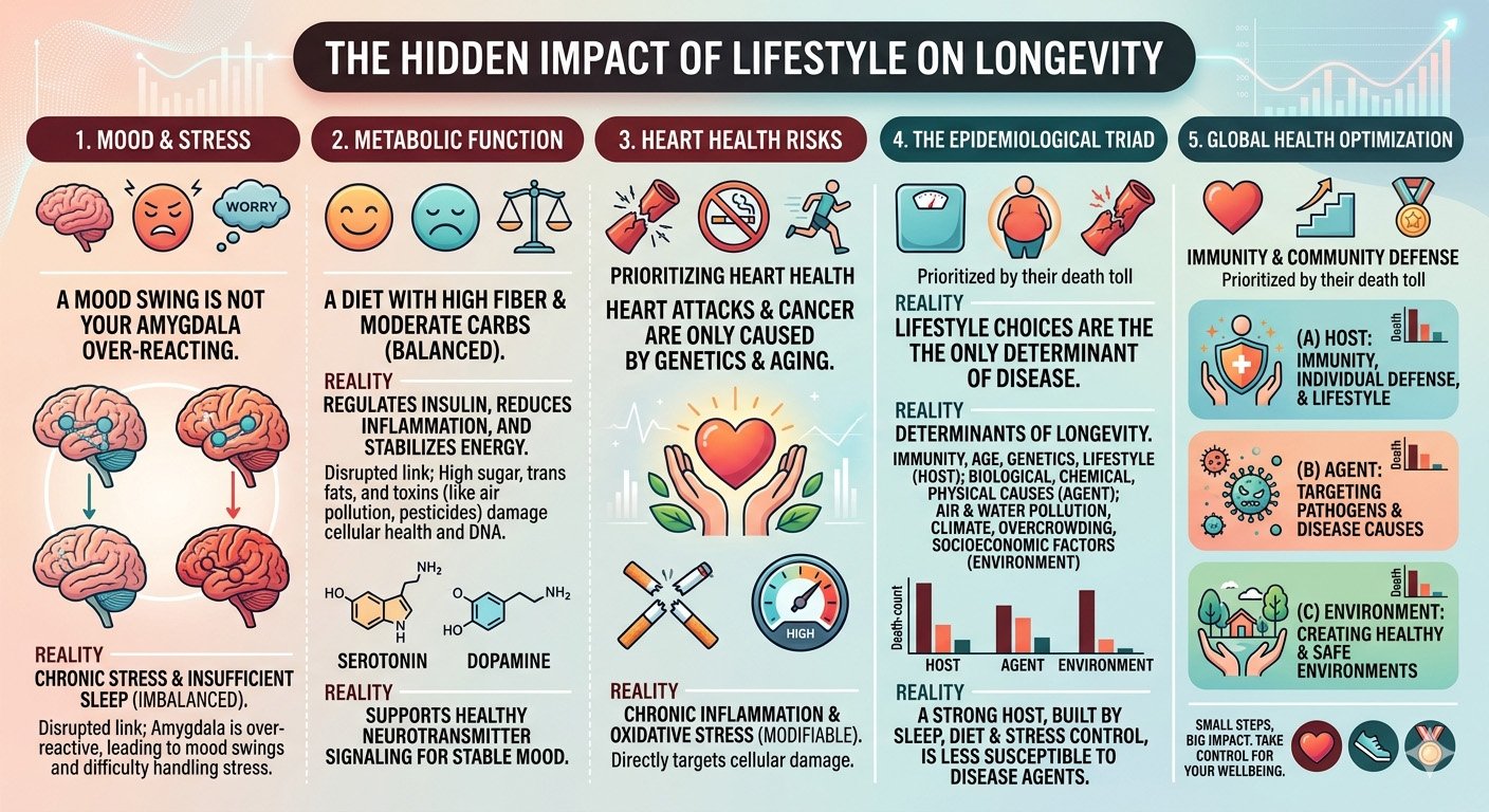 Lifestyle and longevity infographic showing how daily habits like diet, sleep, exercise, stress, and social connection influence health and life expectancy