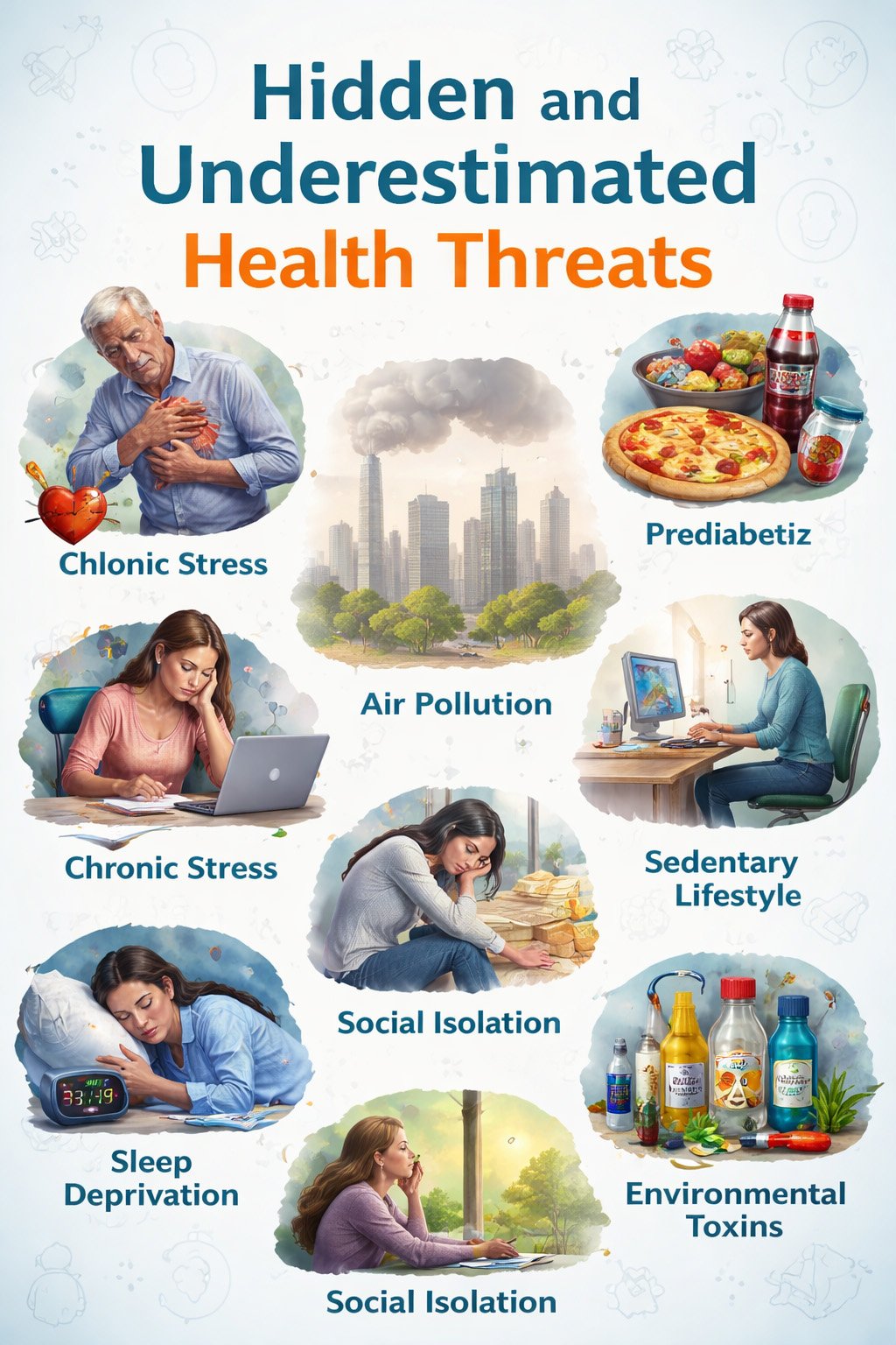 Infographic showing hidden and underestimated health threats such as chronic stress, air pollution, sedentary lifestyle, sleep deprivation, social isolation, and environmental toxins
