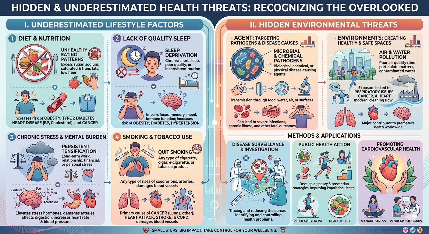 Educational infographic explaining hidden health threats and risk factors such as poor sleep, unhealthy diet, chronic stress, sedentary lifestyle, and environmental health risks