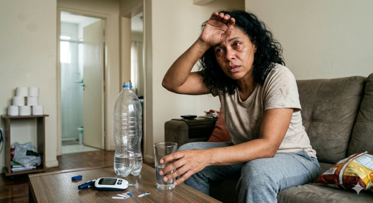 Woman experiencing fatigue and headache, common symptoms of high blood sugar