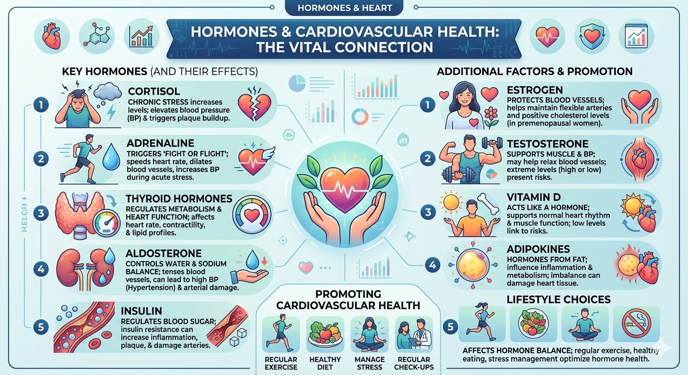 Diagram showing the connection between hormones and cardiovascular health, including heart function, blood pressure, metabolism, and stress response