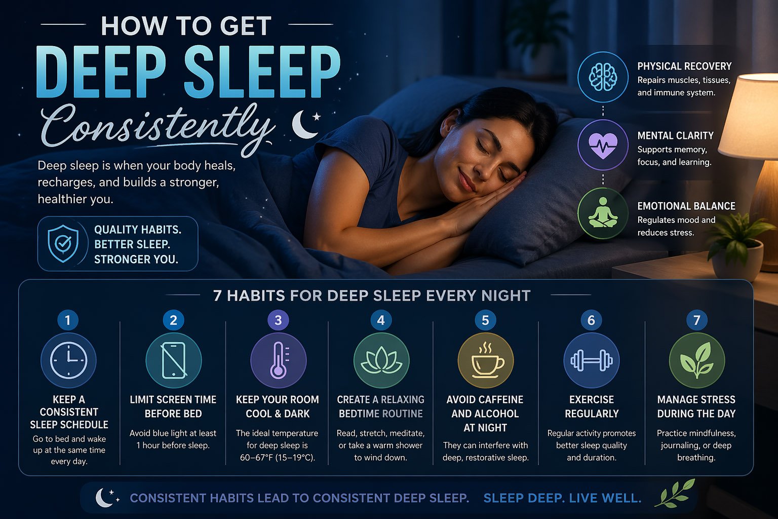 How to get deep sleep consistently illustration showing a woman sleeping peacefully with healthy sleep habits like consistent schedule, reduced screen time, relaxation routine, and stress management