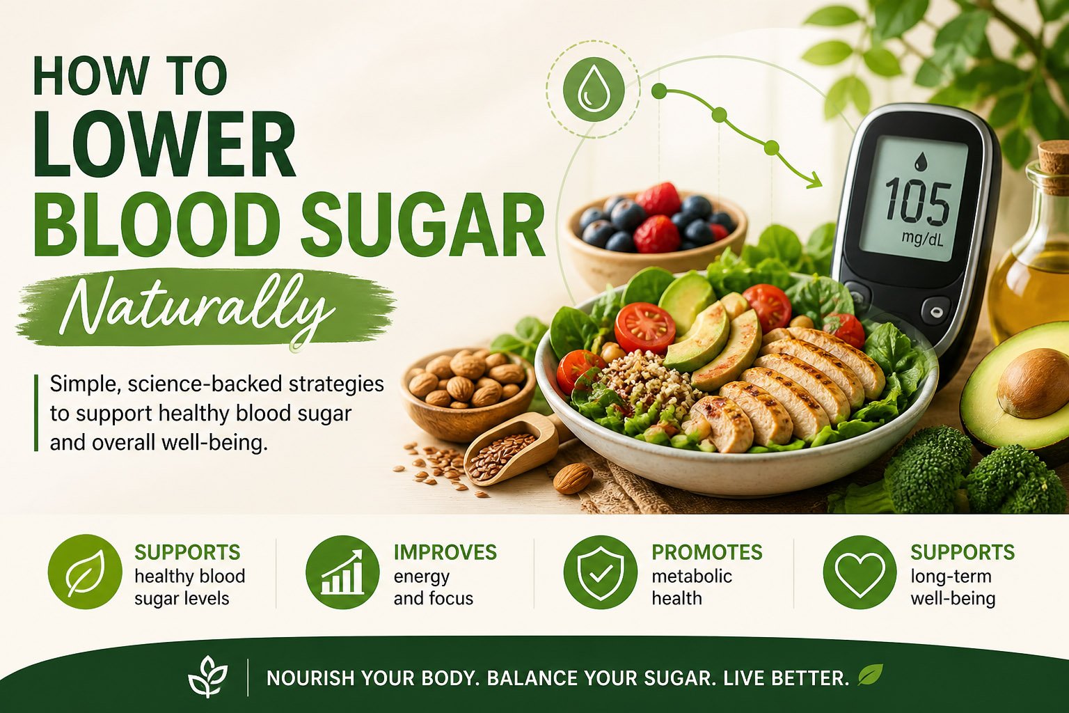 Healthy foods and glucose meter illustrating natural strategies to lower blood sugar and support metabolic health
