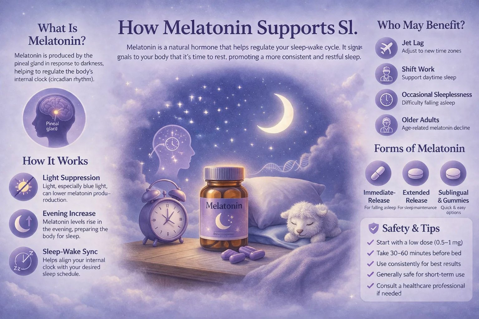 Infographic explaining how melatonin supports sleep by regulating the circadian rhythm and promoting relaxation