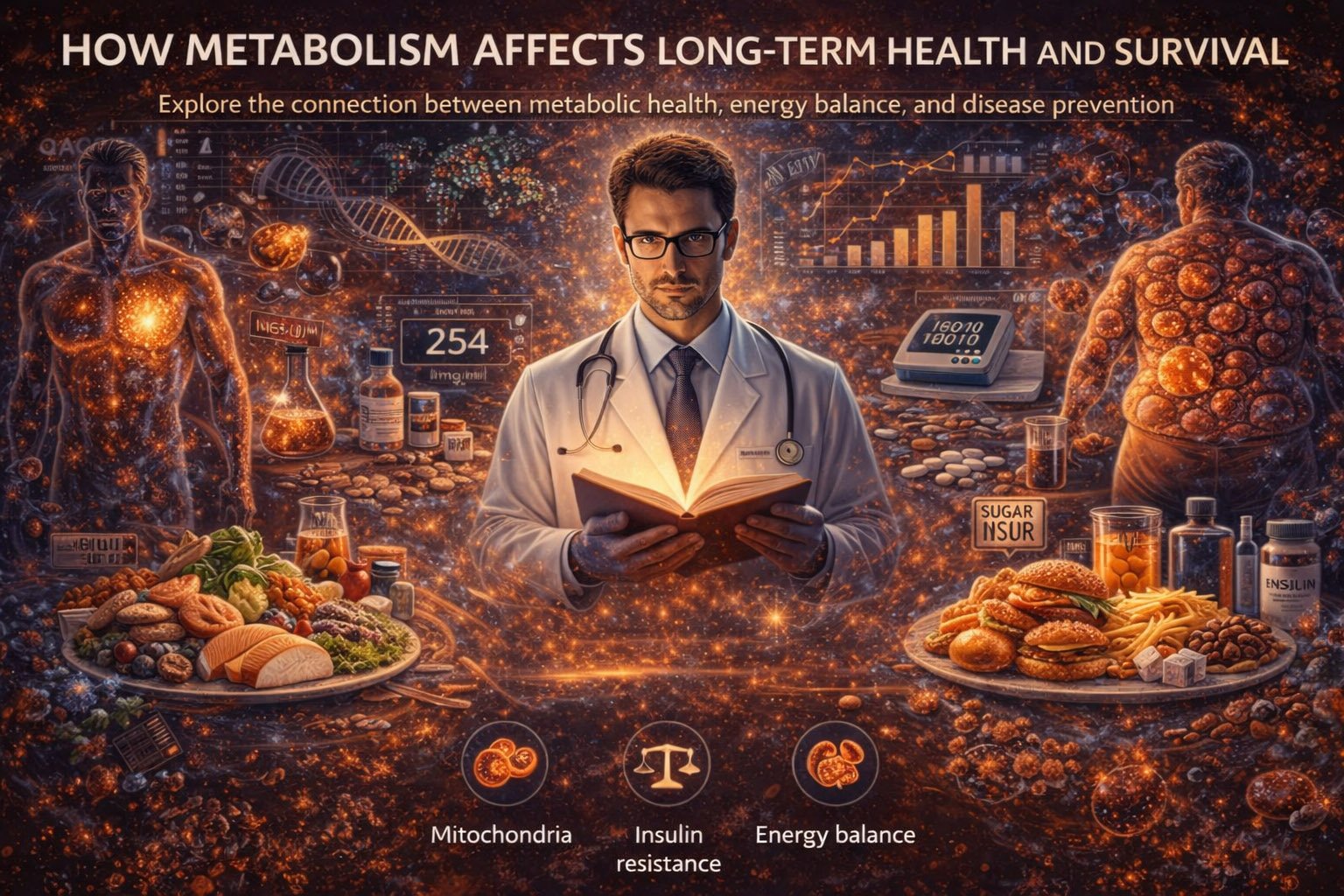 Medical illustration showing metabolism, energy balance, insulin resistance, and healthy vs unhealthy diet and their impact on long-term health and disease prevention