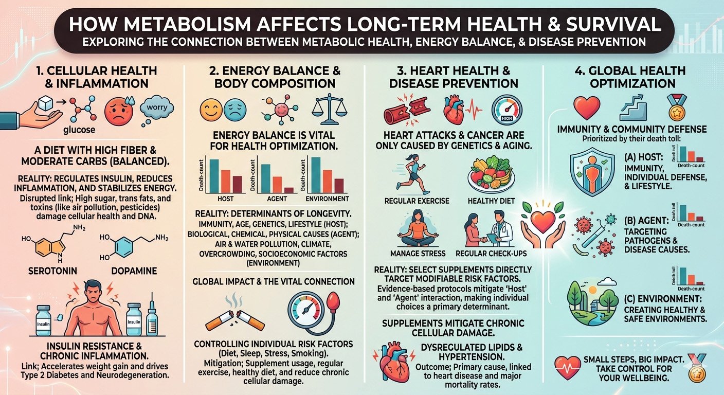 Infographic explaining metabolism, energy balance, insulin resistance, and their role in long-term health, disease prevention, and survival