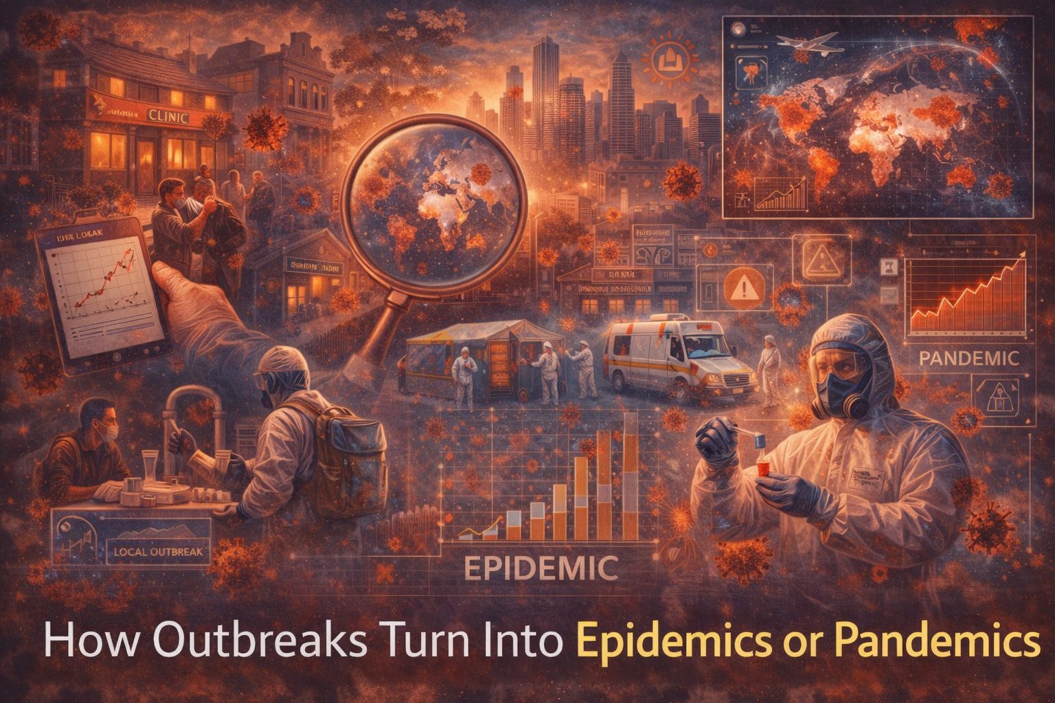 Illustration showing how a local disease outbreak can spread into an epidemic and eventually a pandemic through population movement, transmission, and global travel