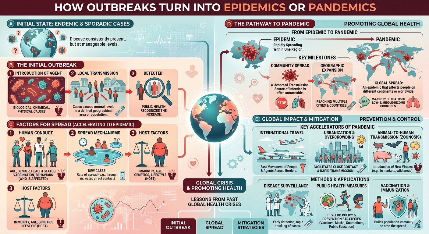 Infographic explaining how disease outbreaks spread into epidemics and pandemics through transmission, travel, population density, and public health response