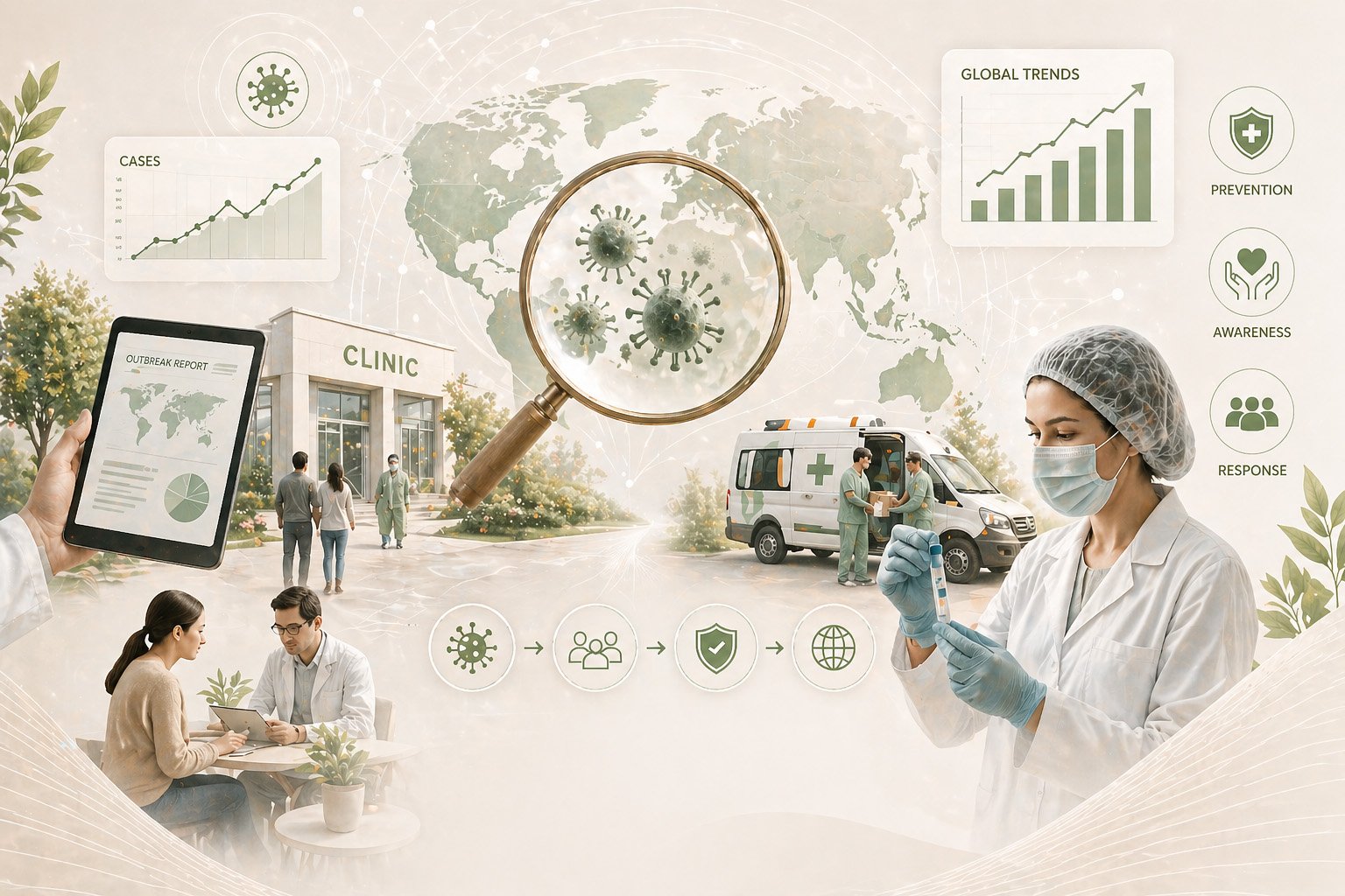 How outbreaks turn into epidemics or pandemics illustration showing disease spread patterns, public health response, and global monitoring