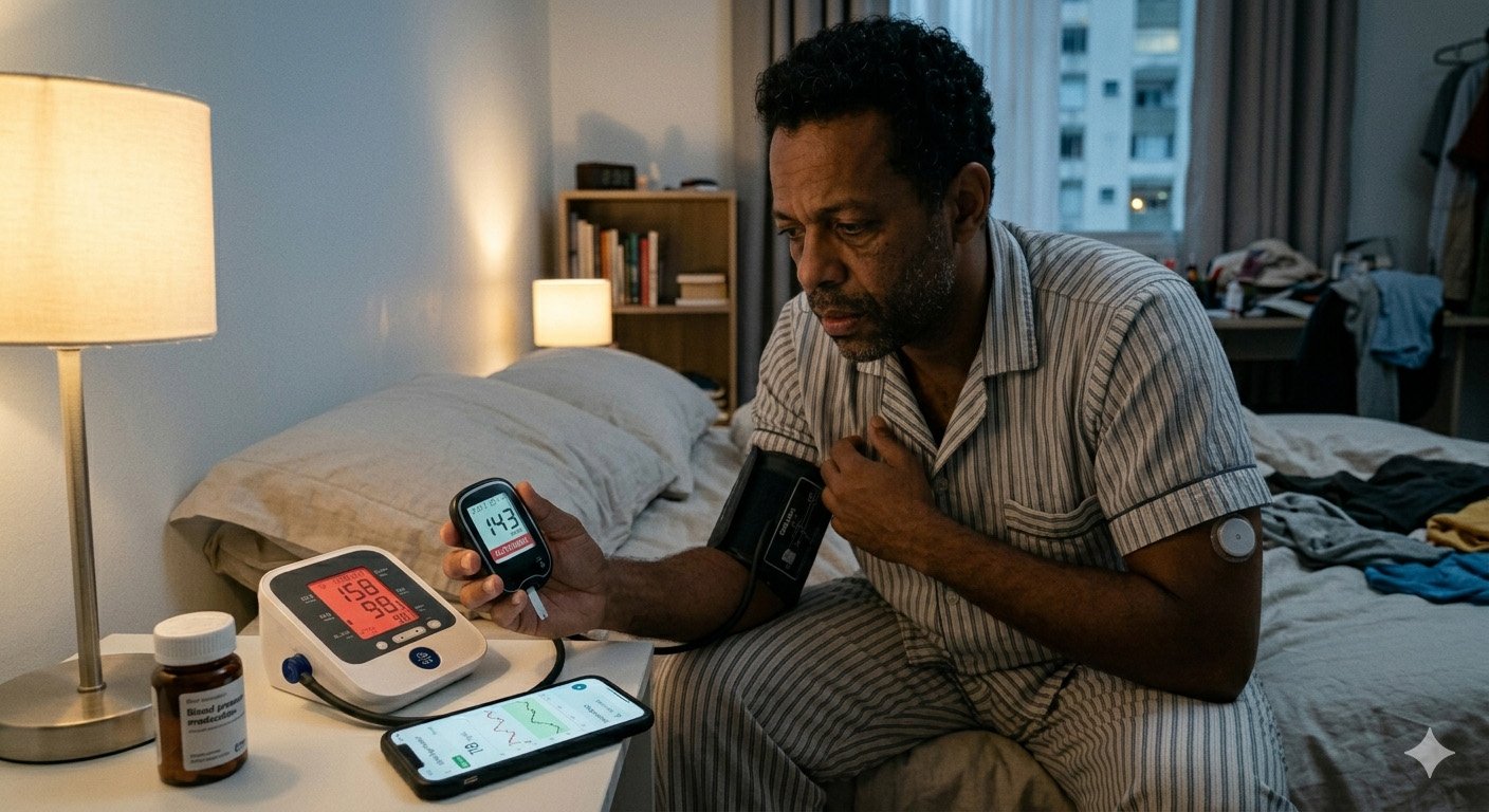 Tired person experiencing sleep deprivation while monitoring health, related to heart health risks