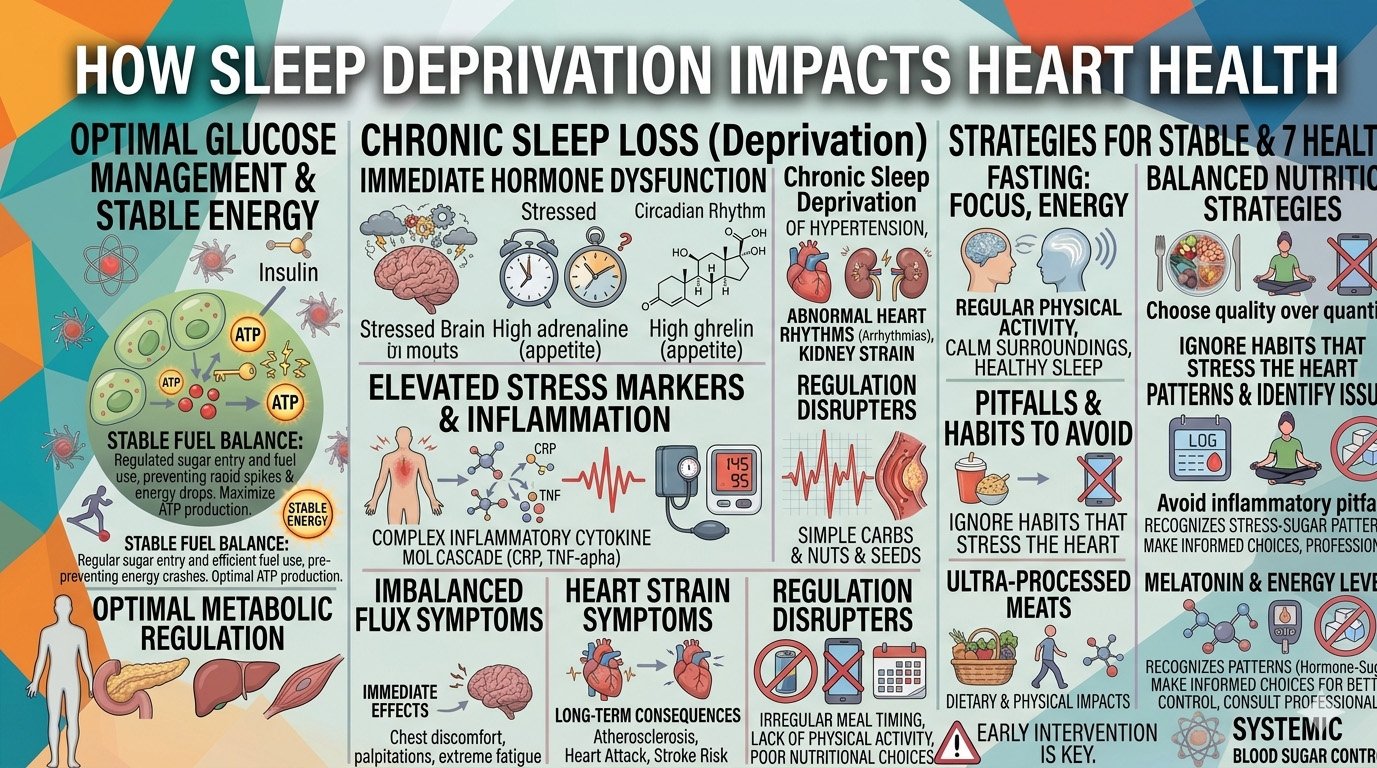 Sleep deprivation and heart health infographic showing cardiovascular risks of poor sleep and lack of sleep
