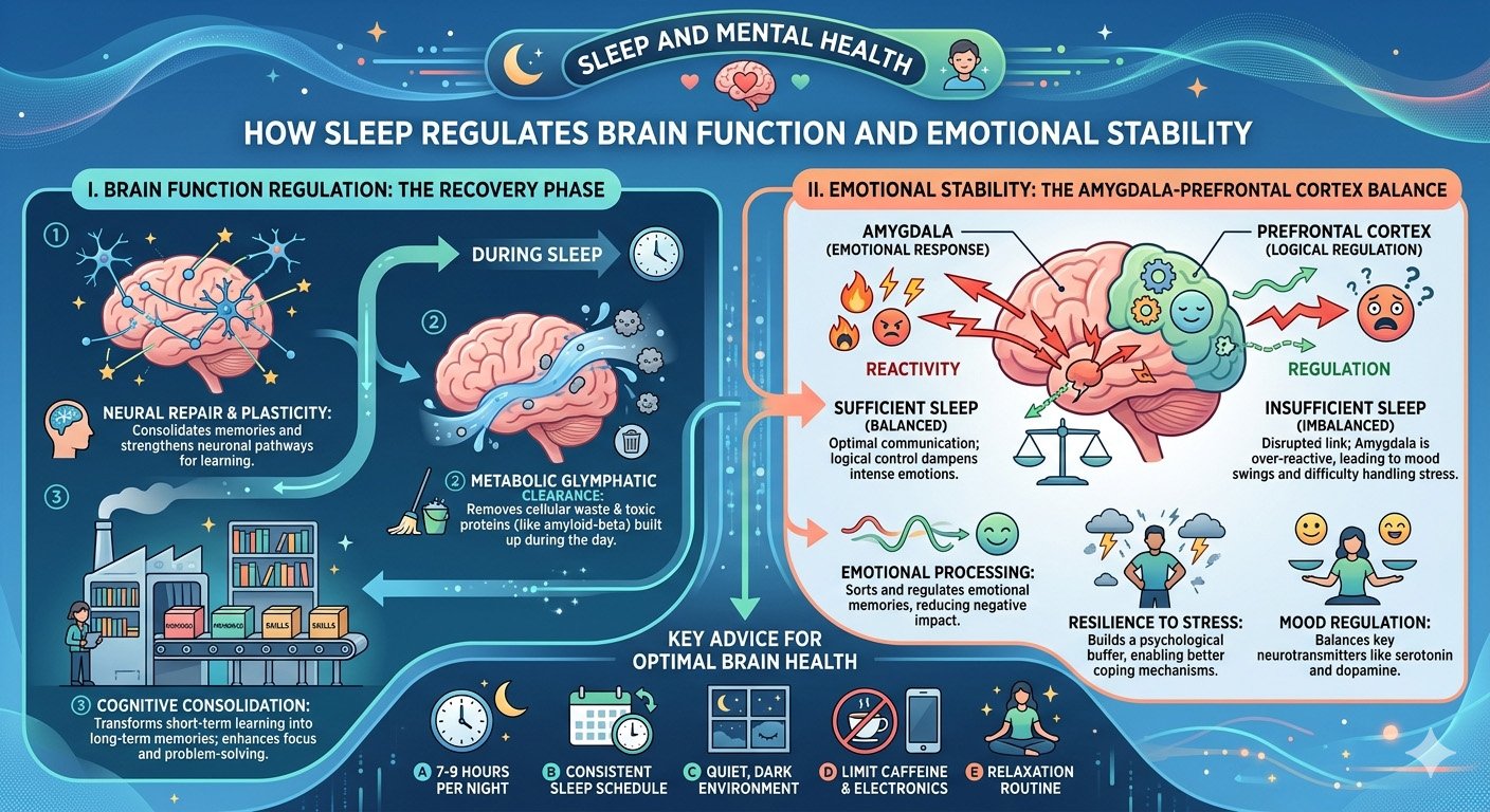 How sleep regulates brain function and emotional stability infographic showing sleep cycles, brain activity, and mental health benefits