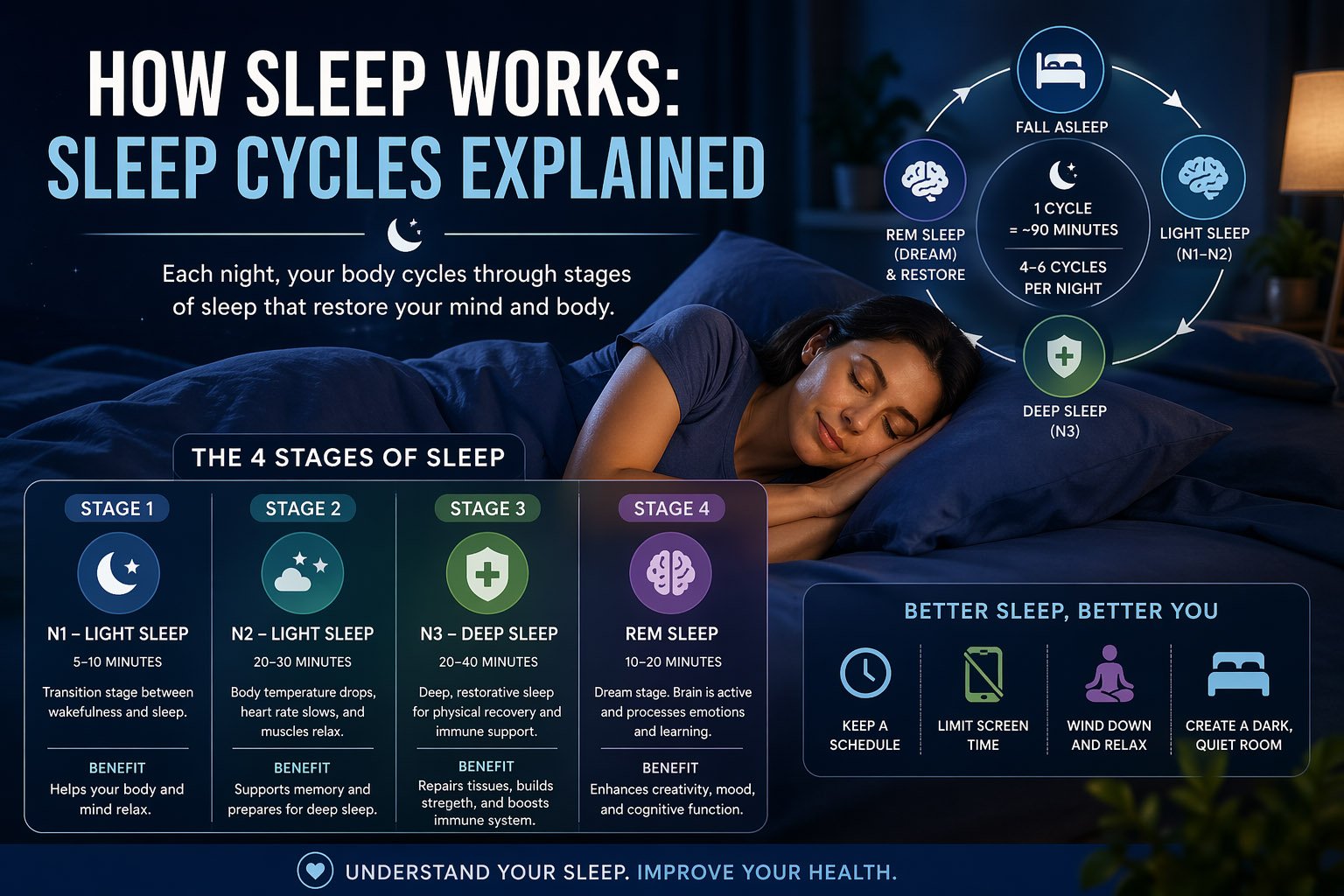 How sleep works illustration showing sleep cycles stages including light sleep, deep sleep, and REM sleep during the night
