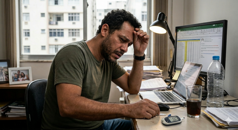 Man feeling stressed while working at a desk illustrating how stress can affect blood sugar and energy levels
