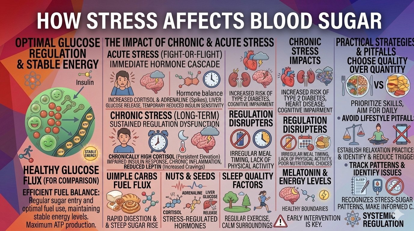 How stress affects blood sugar infographic showing cortisol, hormones, and glucose changes during stress response