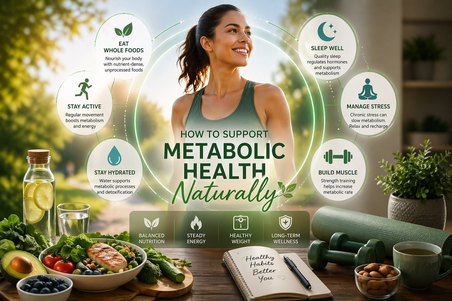 How to support metabolic health naturally illustration showing healthy lifestyle habits like balanced nutrition, exercise, hydration, stress management, and quality sleep