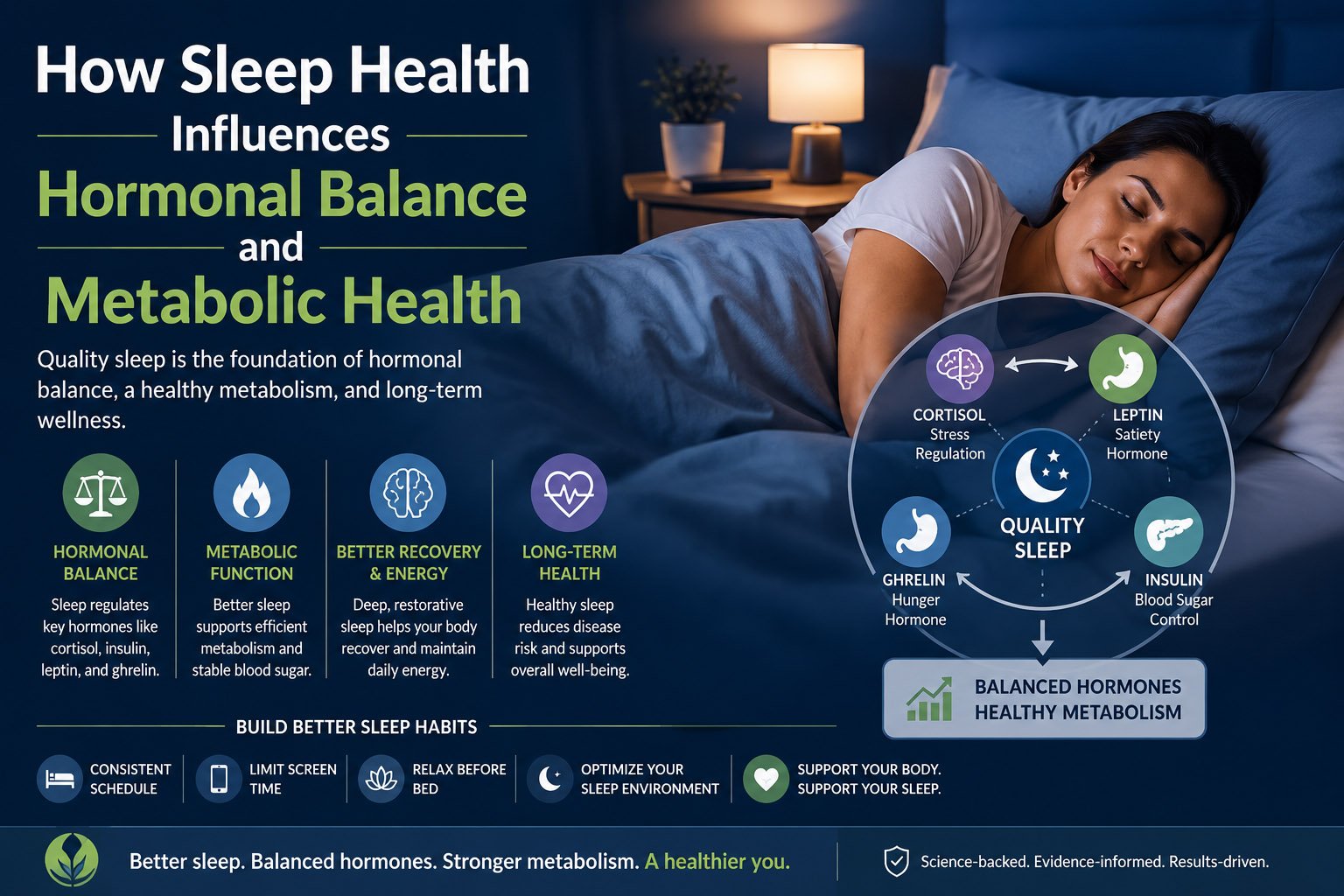 Woman sleeping peacefully with infographic elements illustrating the connection between sleep health, hormones, and metabolic function