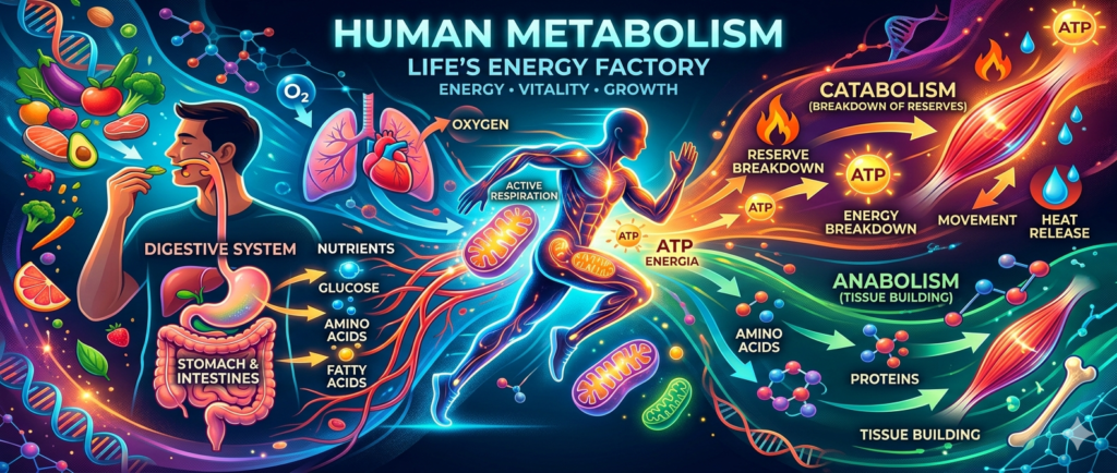 Human metabolism illustration showing digestive system, energy production, and nutrient processing